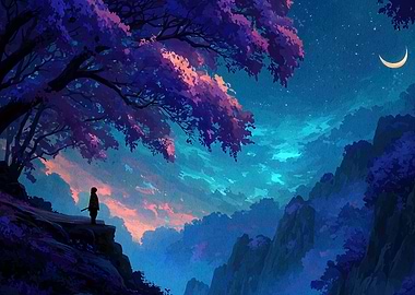 Night Landscape with Figure and Crescent Moon