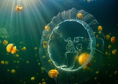 Jellyfish swarm underwater with sun rays