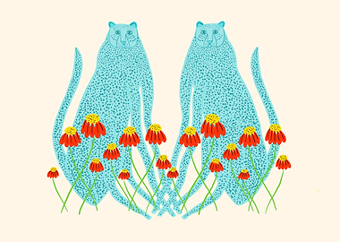Blue Leopards and Red Flowers Illustration