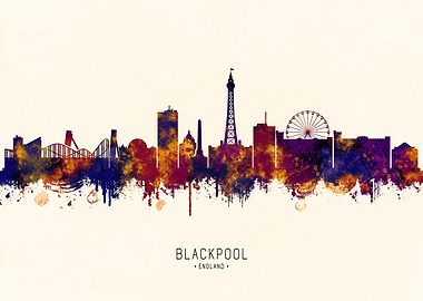Blackpool England Skyline Watercolor Silhouette