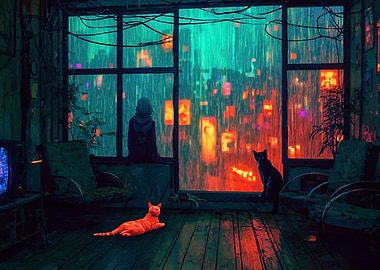 Rainy City View with Cats