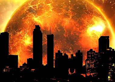 Cityscape Apocalypse with Fiery Planet