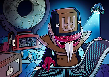 Cartoon Character Reading Scroll with Spaceship