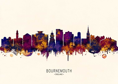 Bournemouth England Skyline Watercolor Silhouette
