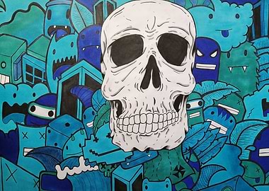 Skull and Blue Doodle Art