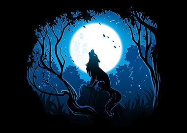 Wolf Howling at the Moon Illustration