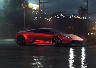 Red Lamborghini on Wet City Street