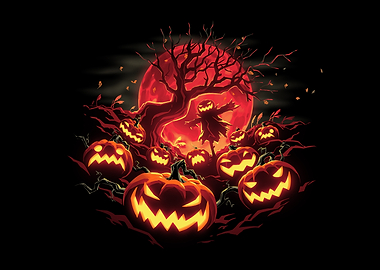 Halloween Night with Pumpkins and Scarecrow