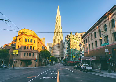 San Francisco street view with Transamerica Pyramid