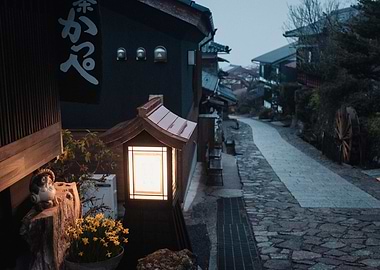 Japanese Street Scene with Lantern