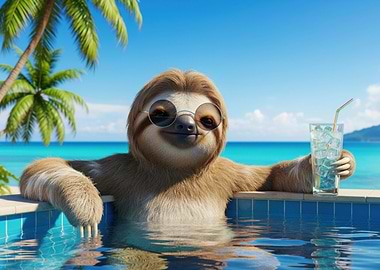 Sloth in Pool with Drink