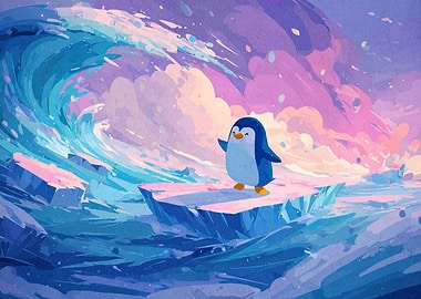 Cartoon Penguin on Iceberg with Wave