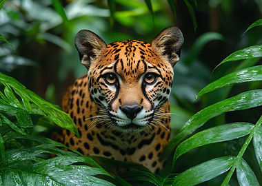 Jaguar portrait in lush green foliage