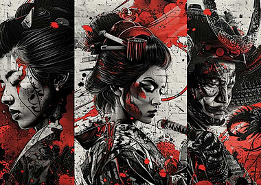 Geisha and Samurai Trio Art