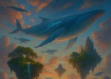 Whales Flying Over Floating Islands