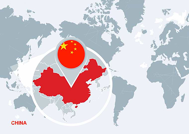 China on World Map with Flag