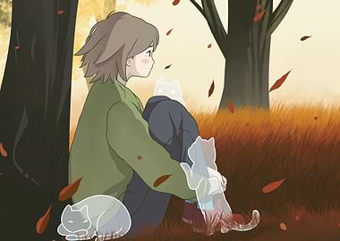 girl with ghost cats in autumn