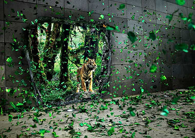 Tiger Portal with Falling Green Leaves