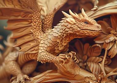 Wooden Dragon Sculpture with Floral Accents