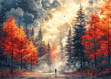 Autumn Forest Path with Figure