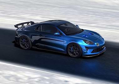 Blue Alpine A110 on Snowy Road