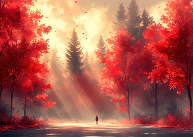 Autumn Forest with Figure and Sunbeams