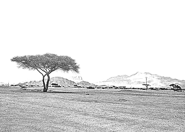 Monochrome Landscape with Tree and Mountains