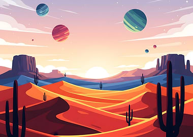 Desert Landscape with Planets in Sky