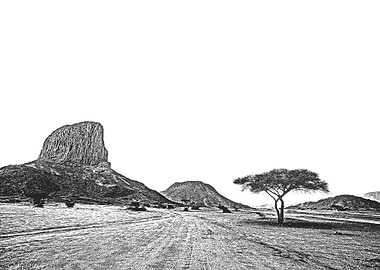 Monochrome African Landscape with Mountain and Tree