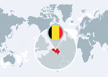 Belgium on World Map with Flag