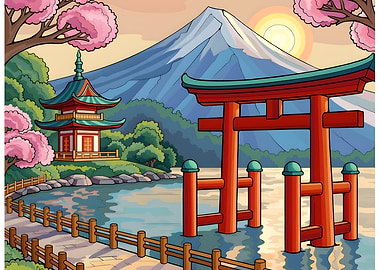 Japanese Landscape with Pagoda and Torii