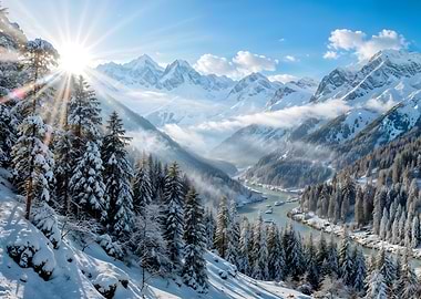 Snowy Mountain Landscape with River