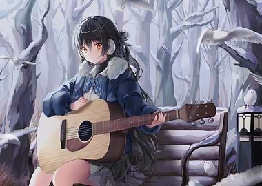 Anime Girl with Guitar in Winter