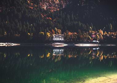 lake house reflection in autumn