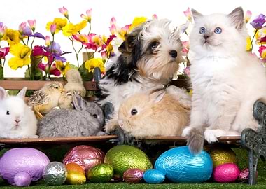 Easter Animals with Eggs and Flowers