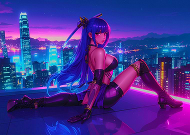 Rooftop Anime Girl in Cyberpunk Cityscape