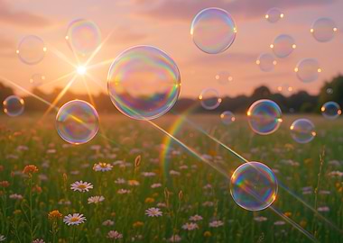 Iridescent Bubbles Over Wildflower Meadow at Sunset