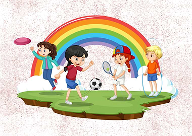 Children playing sports under a rainbow
