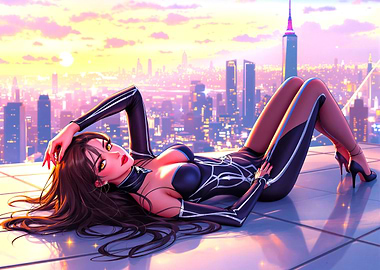 Anime Woman on Rooftop at Sunset