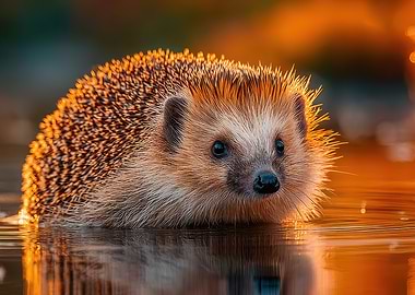 Hedgehog in Water at Sunset
