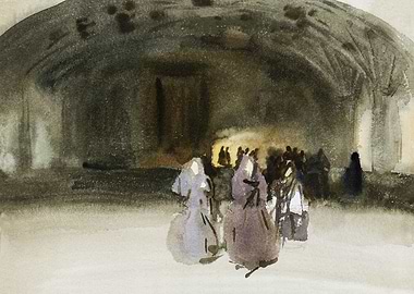 Watercolor Painting of Figures in Archway