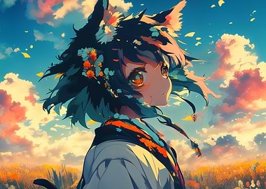 Anime Girl with Cat Ears and Flowers