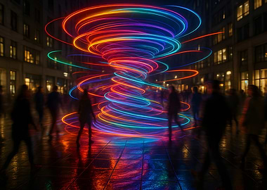 Neon Vortex Over City Rain: A Kinetic Light Storm