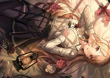 Anime Girl with Roses and Lantern