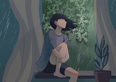 girl in window during rain