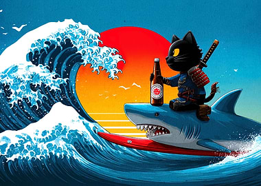 Samurai Cat Riding Shark on Wave