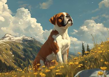 Boxer Dog in Mountain Meadow | Joyful Dog Landscape Print