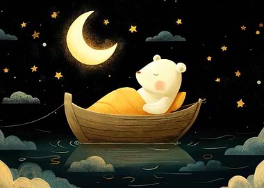 Sleeping Bear in Boat Under Moon