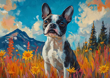 Boston Terrier in a Floral Landscape | Bold Mountain Pup Art