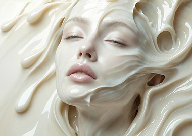 Woman's face covered in white liquid
